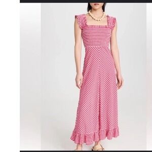 Ganni Women's Stretch‎ Seersucker Maxi Smock Dress Red Gingham Checkered Size XL